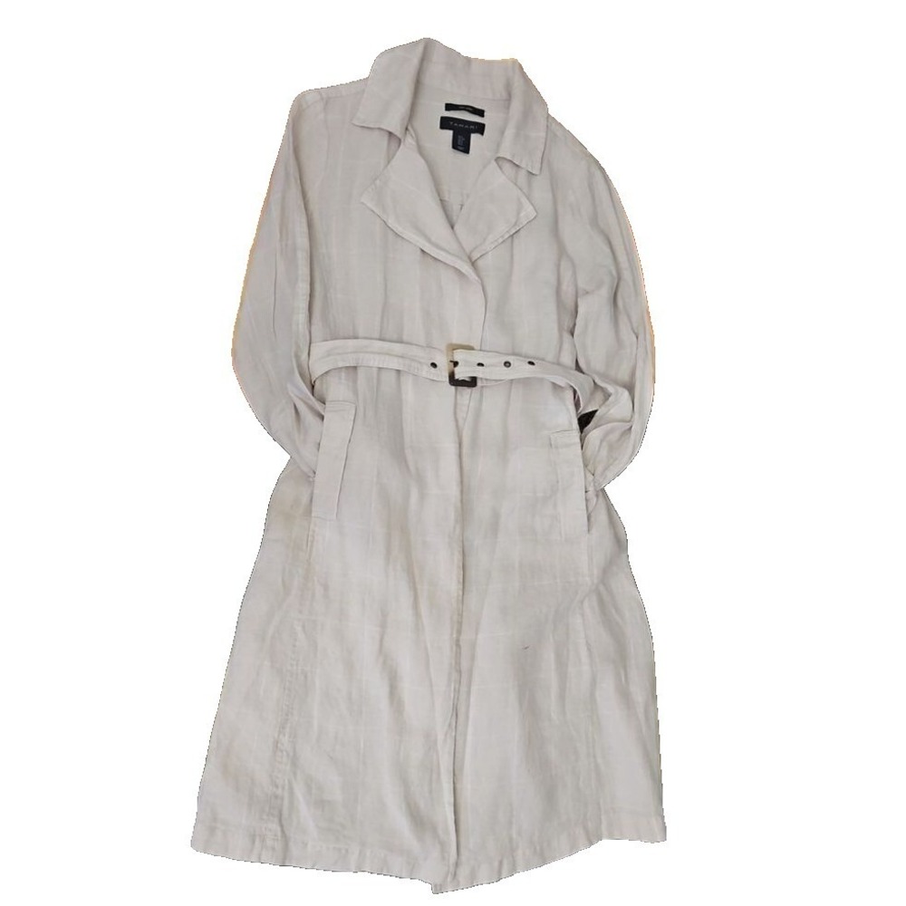 Tahari 100% Linen Belted Wrap Trench Coat Duster Cream Plaid Women Size S NWOT